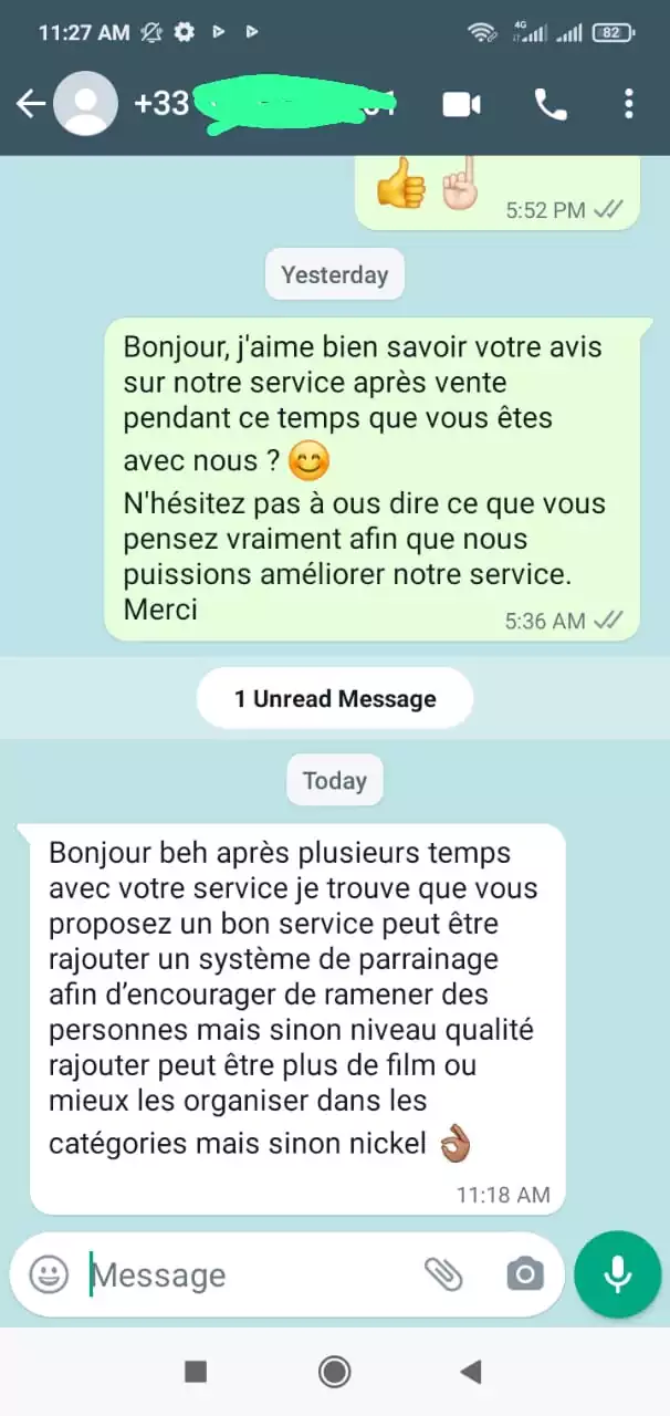 Avis client IPTV OTT France — témoignage WhatsApp